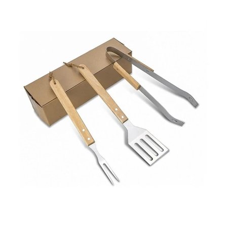 Træhåndtag Spade Gaffel Udendørs Grillværktøj BBQ Grillsæt Grillklemme til Husholdning, 3
