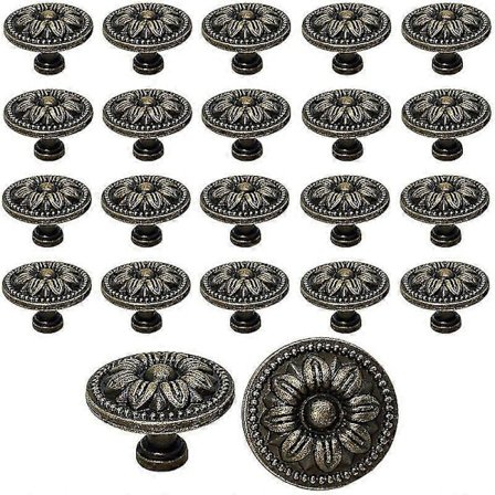 20 st Vintage Skåpdörr Lådknappar 35mm Blomdesign Mässing Köksskåpshandtag, För Byrå Och Möbelskåp, Antik Brons[YJD]