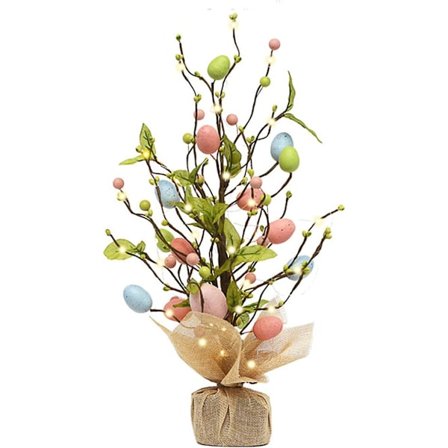 Påskträd Dekorationer med Ledljus, 45cm Påskäggsträd Prydnad med Jutesäck Bas Dekorativt Trä Bord(Färg 1)