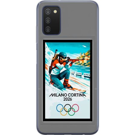 Kompatibelt Mobildeksel til Samsung Galaxy A03s Retroplakat Cortina Milano 2026 med fjell, vintersportsutøvere, italienske trikolor, Milano-katedralen