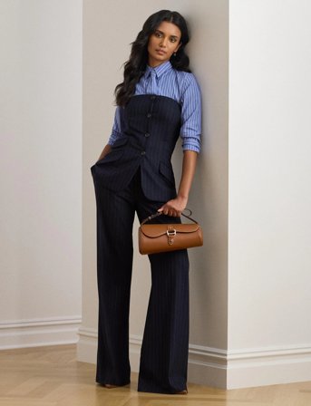 Lauren Ralph Lauren Classic Fit Striped Tie-Neck Shirt - Blue - 44