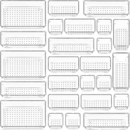 25 stk. klare plastik skuffeorganisatorer sæt, 4-størrelses alsidige badeværelses- og toiletbordsskuffeorganisatorbakker