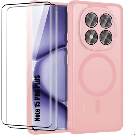 Cover + 2 Tempered Glasses til Xiaomi Redmi Note 15 Pro Plus 5G - med Magnetisk Ring - Rosa