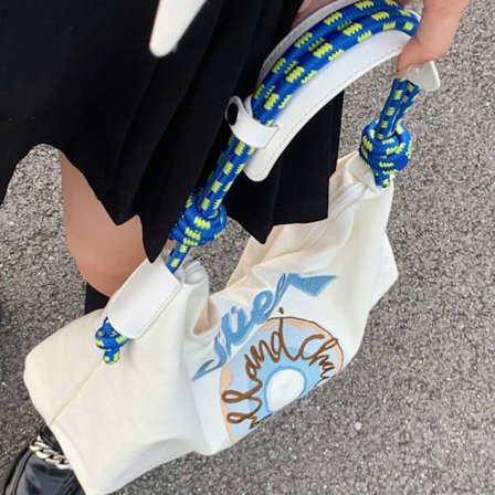 Stor handväska i canvas med handbroderad axelväska, mångsidig toteväska för kvinnor för shopping, blå