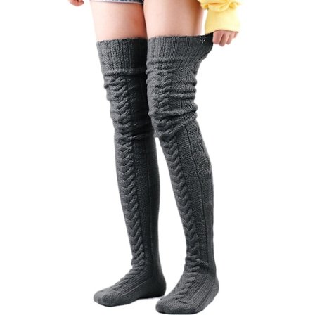 Damekabelstrikkede lårhøye støvelsokker Ekstra lange vinterstrømper over knebeinvarmere