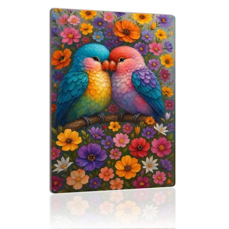 Lovebirds metalskilt farverige fugle blomster havescene vintage blikskilt plade til romantisk vægindretning