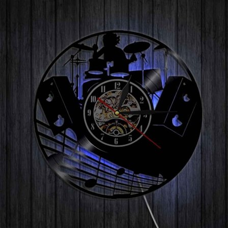 Musikvynil väggklocka - Trumset LED-ljus väggklocka - Vinylklocka - Vardagsrumsväggdekor - Unika presenter till musikälskare