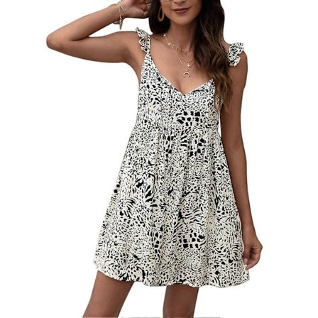 Sommerkjole for kvinner med V-hals, rysjer, spaghettistropper og blomsterprint - avslappet kort kjole