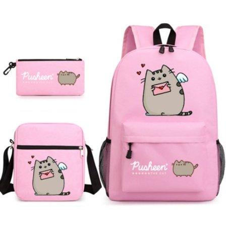 Pusheen 3-delars Set Ryggsäck Mochila Barnväskor med Kapacitet, Tecknad Casual Ryggsäck Personligt Mode Gata Trendig Utomhusryggsäck