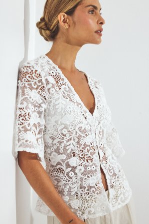 NA-KD - Kortermet heklet bluse - Bluser - Hvit - EU 32