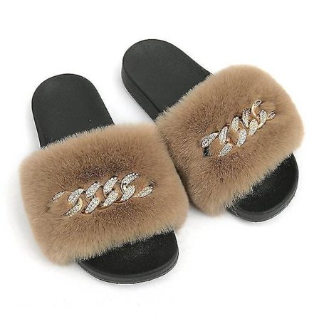 Women's Fluffy Faux Fur Slippers Comfy Open Toe Slides With Fle