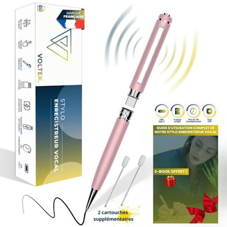 VOLTEK Stylo röstinspelare 64Go USB-C/3.0 - Mini diktafon för möten, konferenser - Rosa - eBook ingår