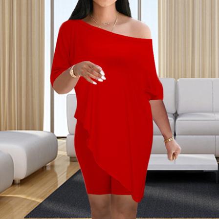 Kvinnor Solid Color Lounge Set One Shoulder Tvådelad Korta Byxor