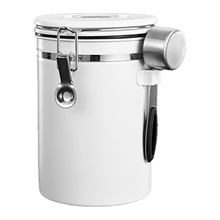 Extra breda kaffebehållare för kaffe och malet kaffe, hermetiskt rostfritt stål, dräneringsventil och kaffe (vit, 1800 ml)