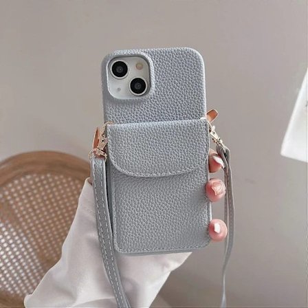 (Pow Yeah!) Crossbody Mobilskal för iPhone 15, Kortfodral PU Läderbelagd PC-skal med Axelrem