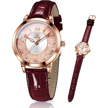Klassisk læderur til kvinder, vandtætte quartz-ure til kvinder (vinrød)
