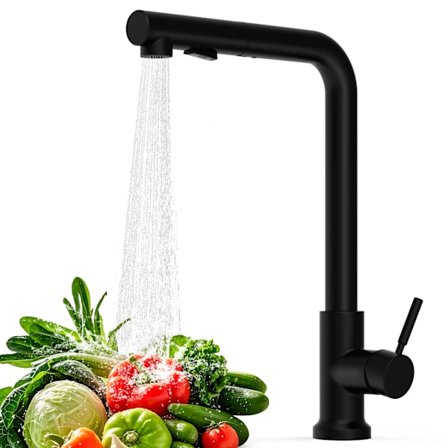 Köksblandare med utdragbar spray, 360° roterande köksblandare med enkelspak, L-formad blandare, modern rostfri blandare, 2 typer av strålar