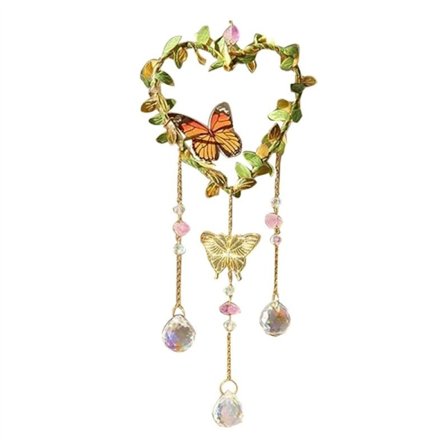 Hjärtformad solfångare hängande för fönster, färgglad kristallsolfångare med fjäril, kristalljusfångare med trädgårdsprismor