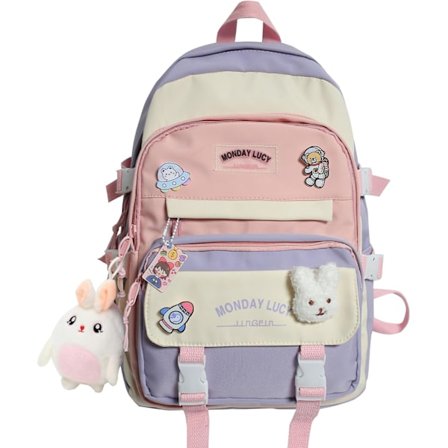 Kawaii pige rygsæk med sød plys bamse vedhæng sød folkeskole taske, æstetisk rygsæk til teenagepiger