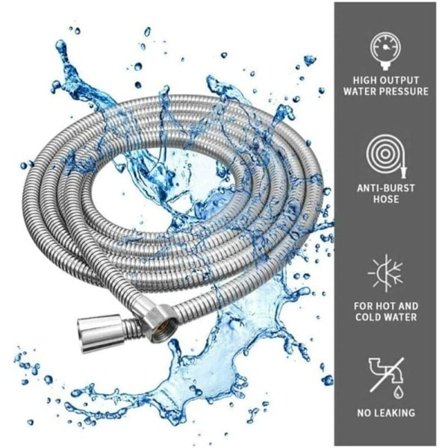 Dusjslange 5M ekstra lang dusjslange i rustfritt stål, med solid messingkobling, universal, anti-eksplosjon, kromfinish. (500 cm)