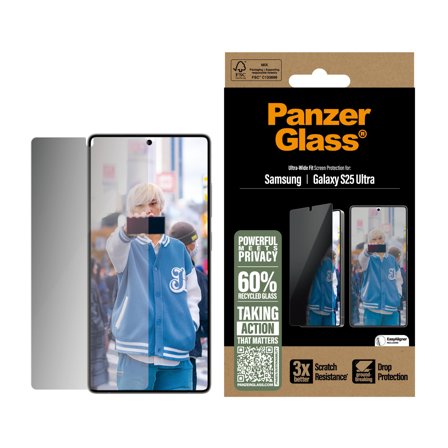 PanzerGlass Galaxy S25 Ultra Privacy Skjermbeskytter Ultra-Wide Fit, 3x bedre motstand mot riper, 60 % resirkulert plast