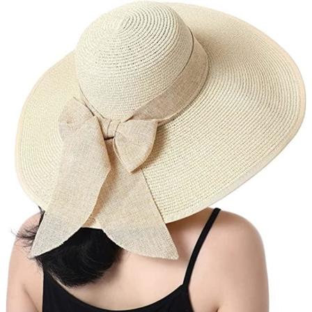 Naisten taitettava leveälierinen olkihattu aurinkoon, kesärantahattu UV UPF 50+ 02Style Bowknot Beige