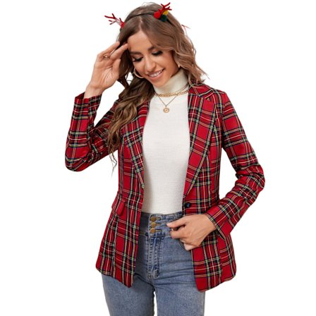 Dame Blazerjakke med Hakket Lapel og Ternet Mønster