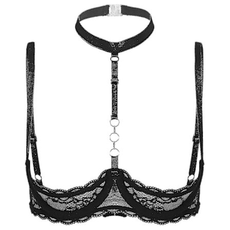 Dame 1/4 Cup Bøyle BH Halterneck O Ring Gjennomsiktig Blonde Push Up BH Undertøy Bryst Åpen BH Undertøy Xinmu