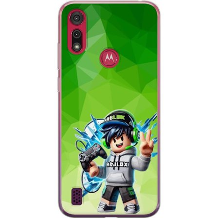Kompatibelt Mobildeksel til Motorola Moto E6s (2020) Roblox-inspirert gamerfigur med headset, håndkontroll og energiske effekter mot grønn bakgrunn