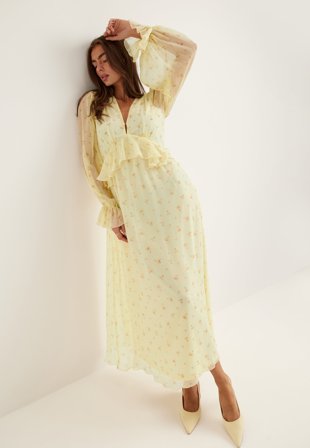 Bubbleroom Occasion - Frill L/S Chiffon Midi Dress - Light yellow/Patterned