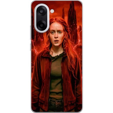 Kompatibelt Mobilskal till OnePlus Nord CE5 Porträtt av en ung kvinna med rött hår i en apokalyptisk landskap, röda blixtar och mörka klippformat