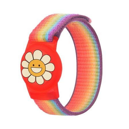 Apple AirTag Kids Nylonfodral med handledsrem - med blomma och regnbågsrand