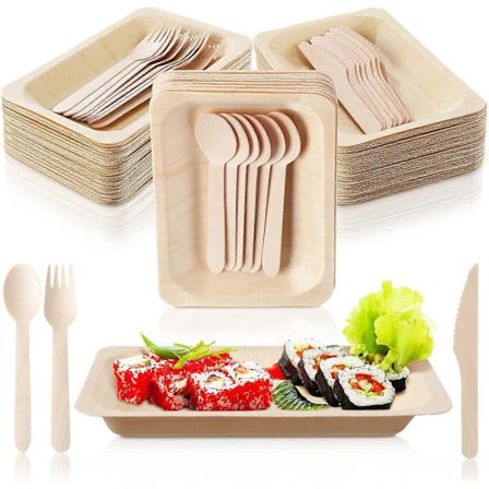 50 Sett Engangs Bambus Tallerkensett Palm Leaf Tallerkener og Bestikk (Gafler, Kniver, Skjeer)