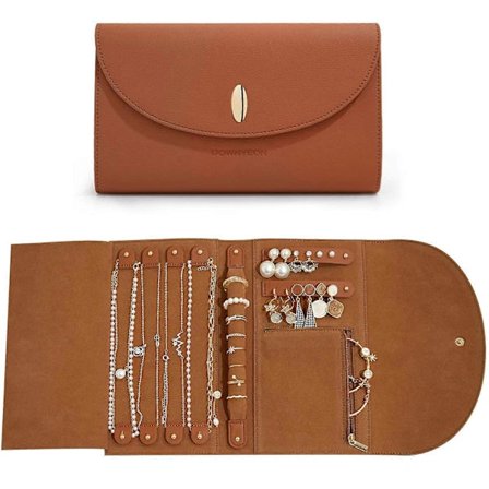 Resesmyckeskrin i läder, smyckesrulle, förvaringsväska för örhängen, ringar, halsband, armband (brun)