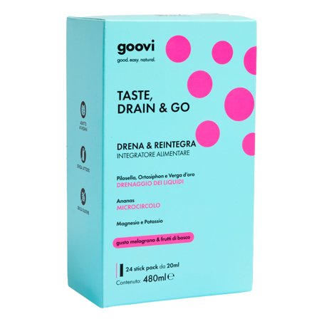 Goovi Integratori Alimentari TASTE, DRAIN & GO Drena e Reintegra - Melograno & Frutti di Bosco 24 x 20ml - Integratore Drenante