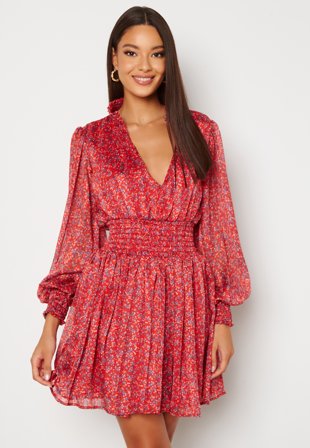 Goddiva Long Sleeve Shirred Skater Dress Red Klær