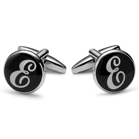Round Silver-tone and Black Initial E Cufflinks for Men