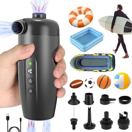 20PSI Sähköinen Ilmapumppu, Sähköinen Täyttölaite, 7 Ilmasuuttimella ja Adapterilla, 2 in 1 Nopea Täyttö/Tyhjennys Yhteensopiva Ilmatäytteisen Veneen/