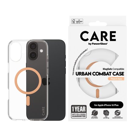 CARE by Panzer Flagship Case Transparent Urban Combat w. Peachy MagSafe iPhone 16 Plus PanzerGlass - High quality tempered glass screen protector