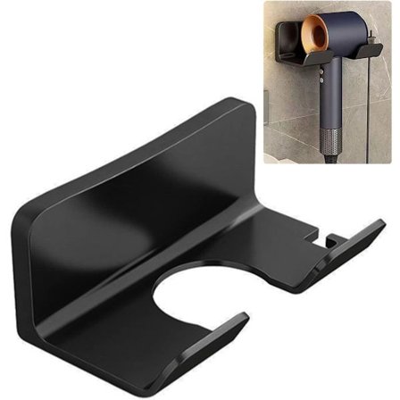 Hårtørrerholder til vægmontering til badeværelse, borefri design, kompatibel med de fleste hårtørrere, sort