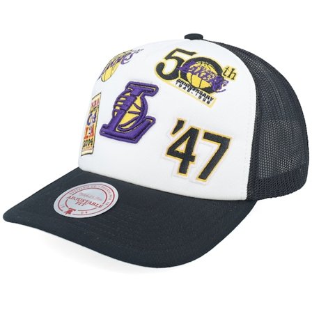 Mitchell & Ness - NBA Vit trucker Keps - Los Angeles Lakers Gridlock White/Black A-Frame Trucker @ Hatstore