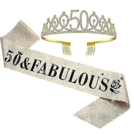 Lyckobringande 50-årsdag Skärp Och Diadem Set För 50-årsdag, 50 & Fabulous Skärp Och Krona Partydekorationer (guld)