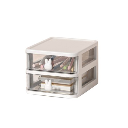 Skrivebords Oppbevaringsboks Multi Tier Transparent Plast Stor Kapasitet Kanin Håndtak Liten Skuff Organizer for Bok Pen Kontor Hvit, 2 Tier(