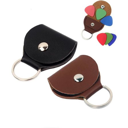 Pakke med lærveske for gitarplekter med nøkkelring og hengeklips (Svart, Brun)