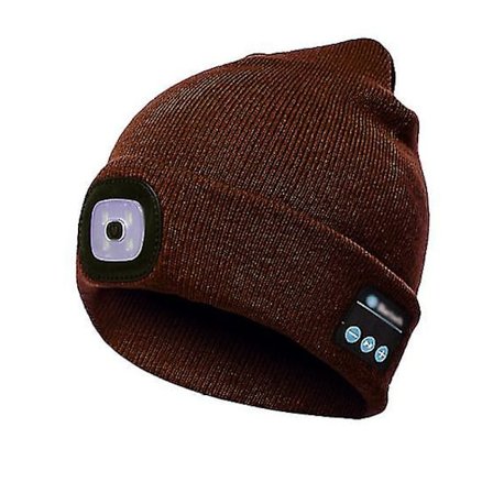 Beanie Hat med Aftageligt Lys og Bluetooth, USB Genopladelige Trådløse Hovedtelefoner Løbehatte, Unisex Udendørs Beanie (brun)