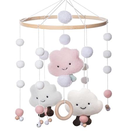 Mobiilivauvan tuulikello, liikkuva tyttövauva, mobiilivauvan puu huopapalloilla 3D-pilvi, mobiilivauvan sängyn kellariipus pojille ja tytöille, pinkki