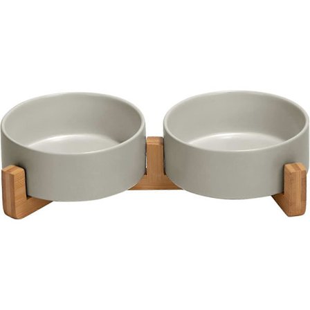 Keramisk skål til hund og kat med træstativ, skridsikker mat glasur, vægtet mad- og vandskål til katte og små hunde, 400 ml