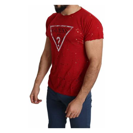 Guess, Cotton Logo Print Casual Top Perforated T-shirt Rood, Heren, Maat:XL,stretch