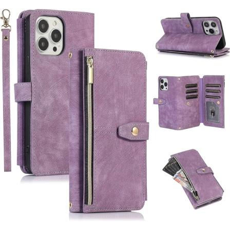 Korthållare Crossbody Telefonfodral För Iphone 14 Pro 6.1 Tum Lila Flera Fack Vintage Läderplånbok Med Stötskyddande Vändbar Handledsrem Korthållare 
