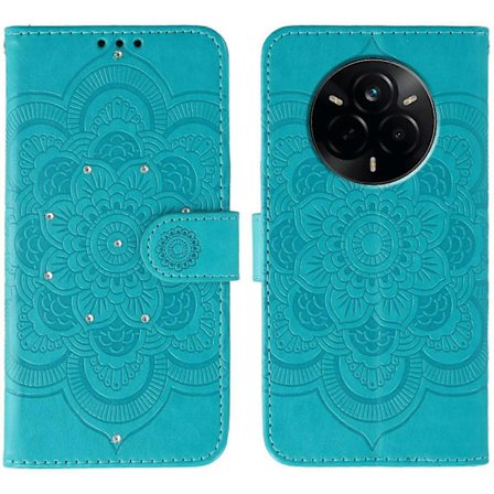 For Realme 14 Pro 5G Telefondeksel Rhinestone Dekor PU Lær Mandala Trykk Design Telefon Beskyttelsesdeksel med Håndleddsstropp